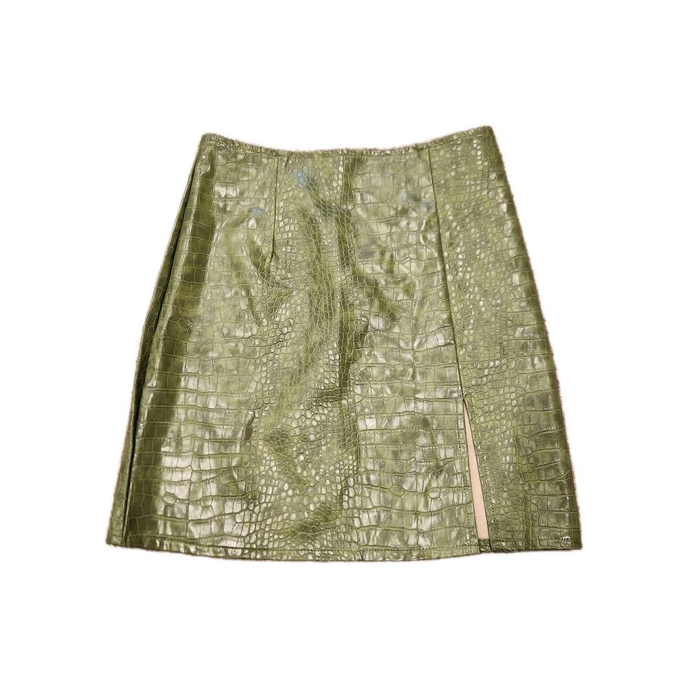 Nastygal Green Vinyl Crocodile Mini Skirt With Slot Sz 2 Faux Alligator Leather‎